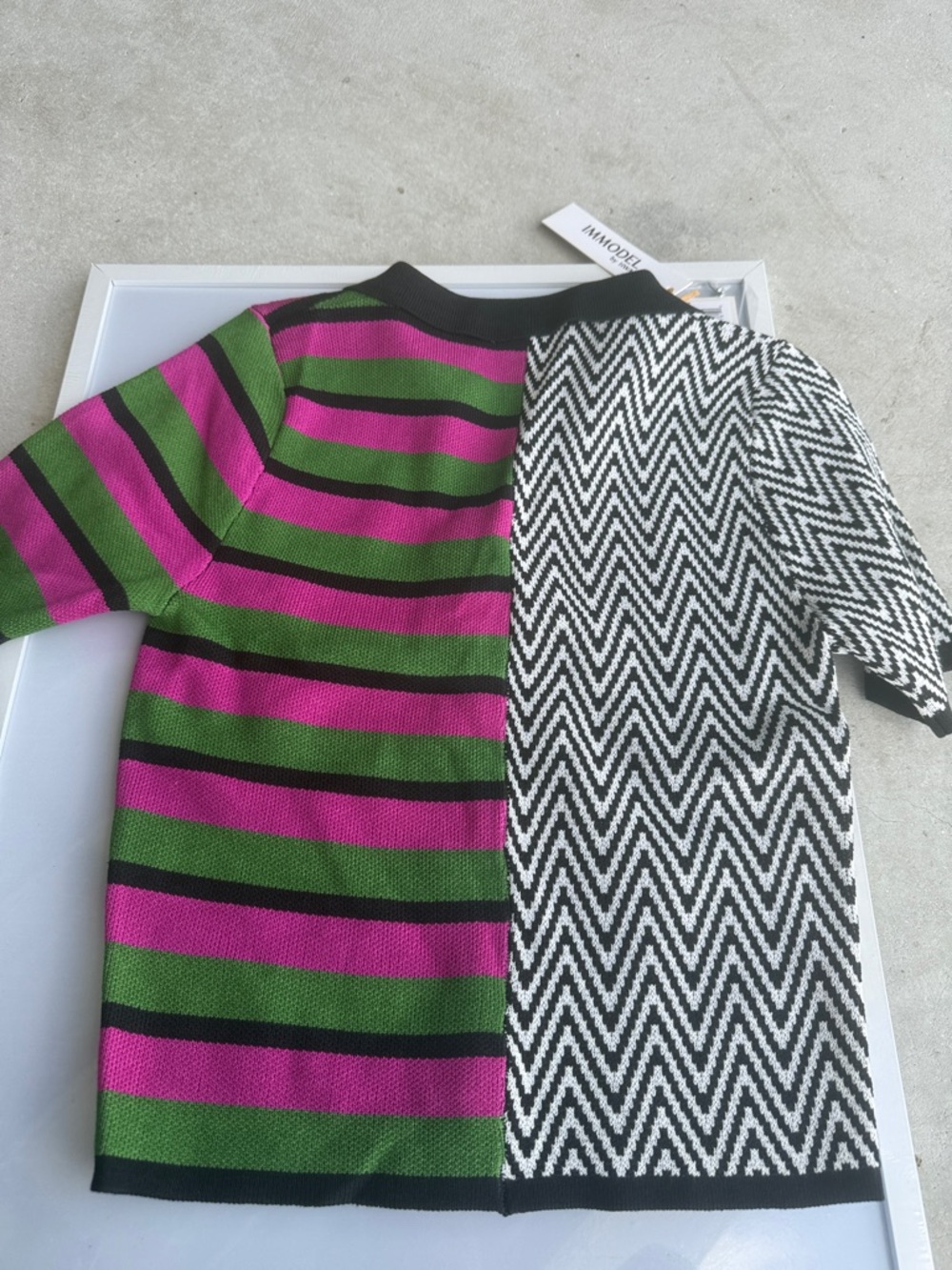 Graphic Half-&-Half Knit Top in Black, White, Green & Pink - Picture 6 of 7